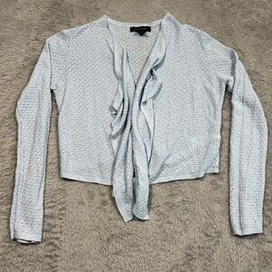 Tahari Cardigan Shrug Linen Blend Ruffle Front Pointelle Knit Blue Womens Medium